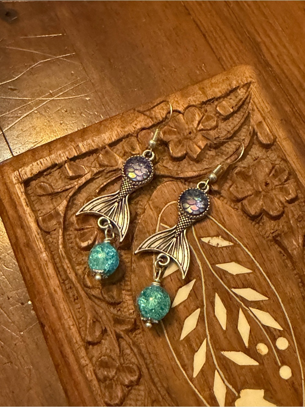 Silver Mermaid Tail Drop Earrings with Turquoise Beads